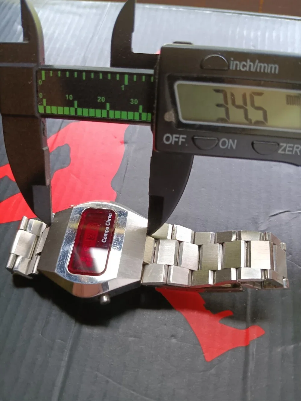Vintage Compu Chron Stainless Steel LED Digital Watch - Silver with Red Display